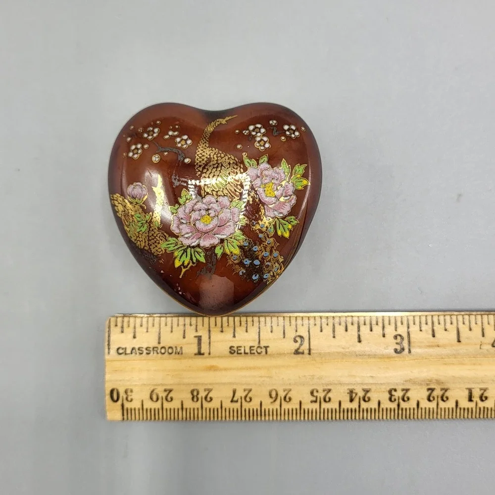 Heart Trinket Box Miniature Peacock Peony Floral Ceramic Brown Shelf Decor